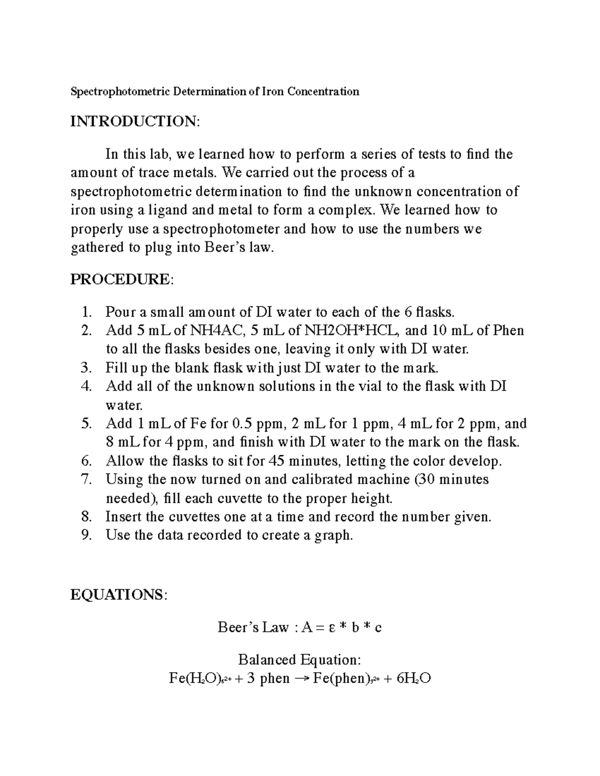 Spectrophotometric Determination of Iron Concentration PDF ...