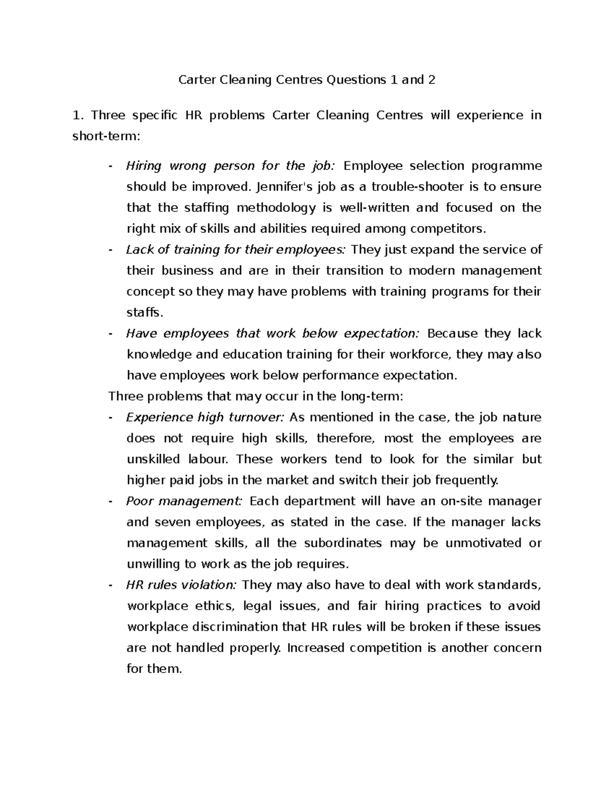 carter cleaning company case study solution chapter 6