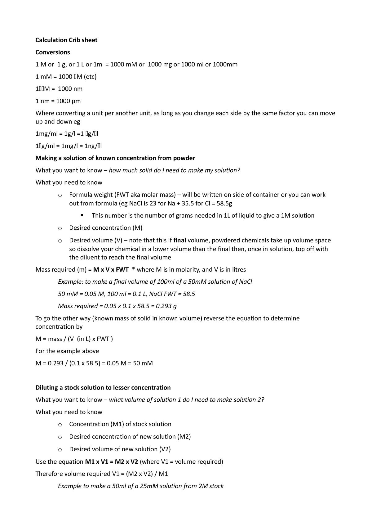 Calculation-crib-sheet - Calculation Crib Sheet Conversions 1 M Or 1 G 