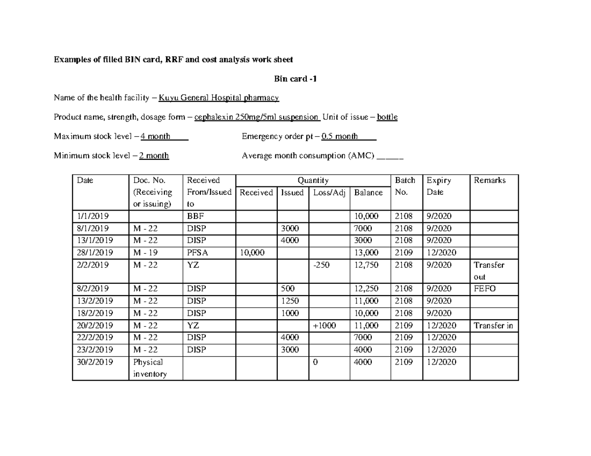 BIN card and RRF example Examples of filled BIN card, RRF and cost