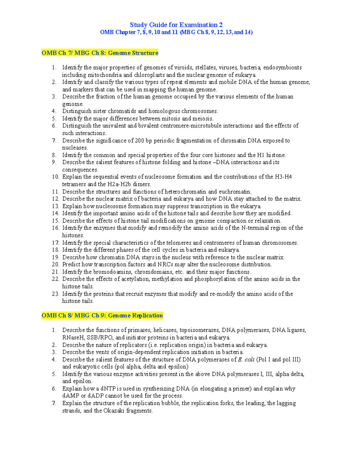 Study Guide for Exam 2 OMB Chapter 7, 8, 9, 10 and 11 (MBG Ch 8, 9