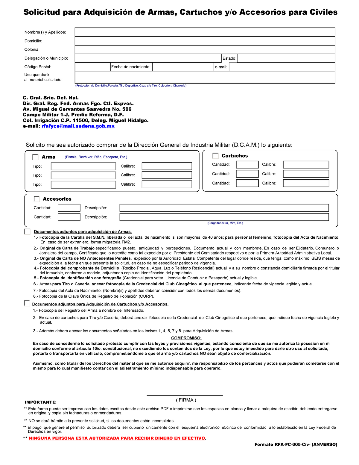 Sedena 02 040 Civil Solicitud para Adquisición de Armas, Cartuchos y