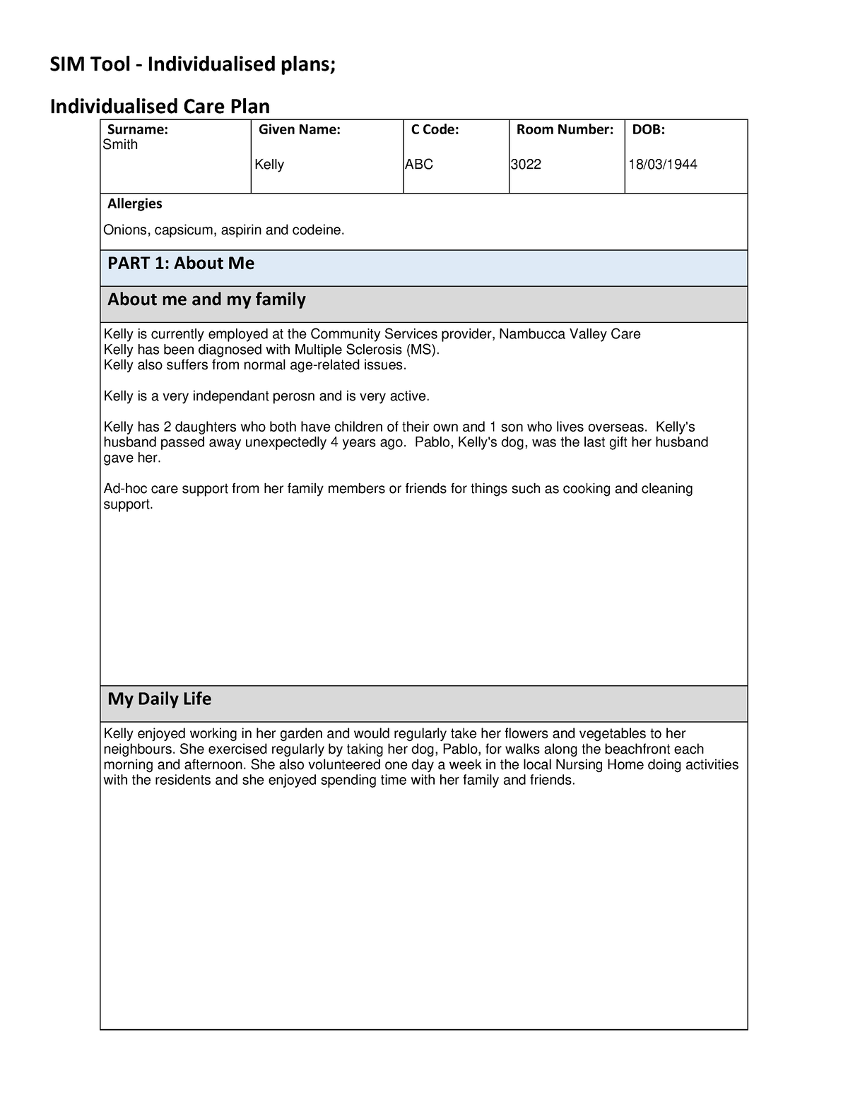 Support PLAN Kelly - SIM Tool - Individualised plans; Individualised ...