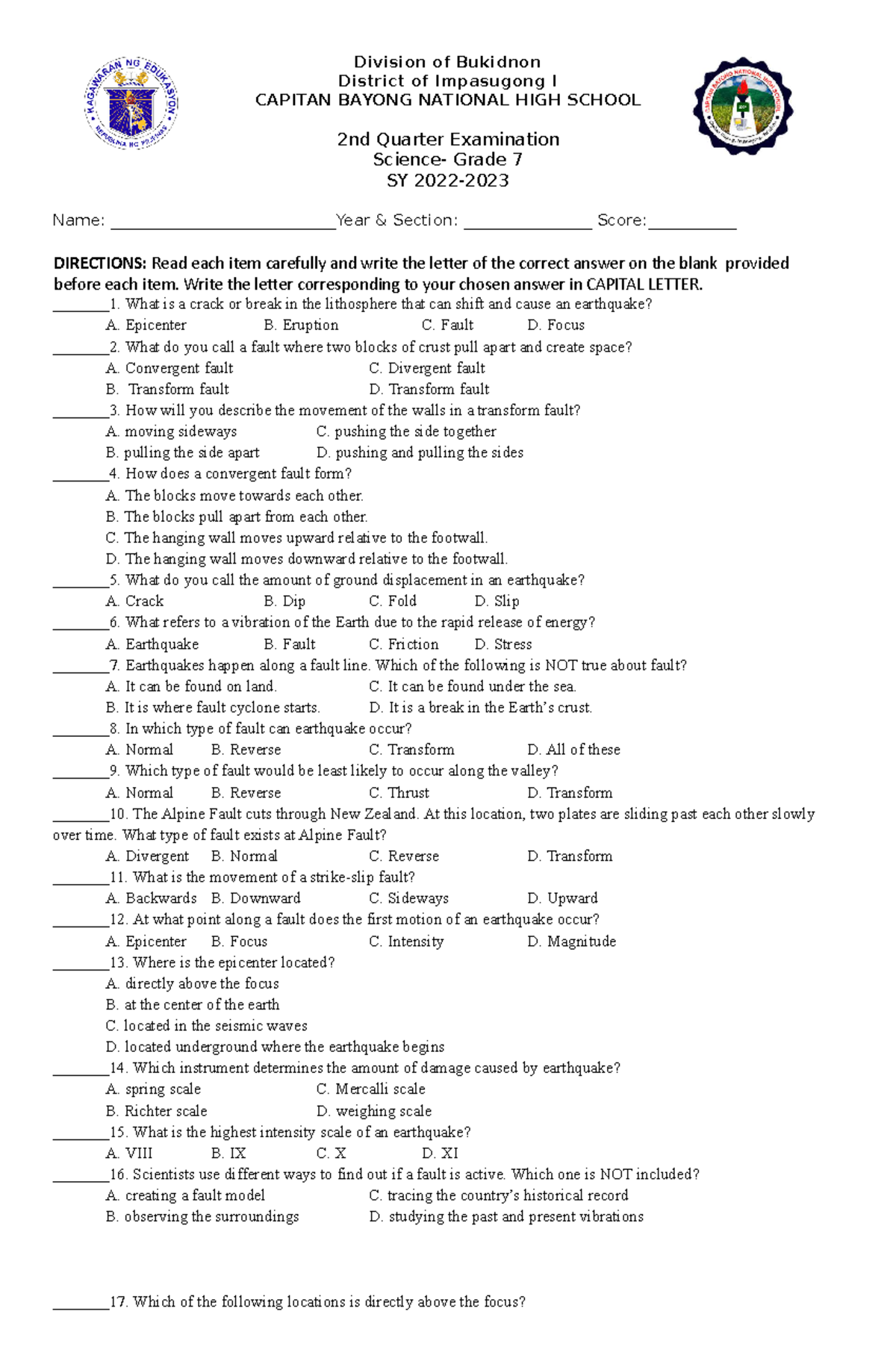 PT G8 Science - quarter exam sample - Division of Bukidnon District of ...