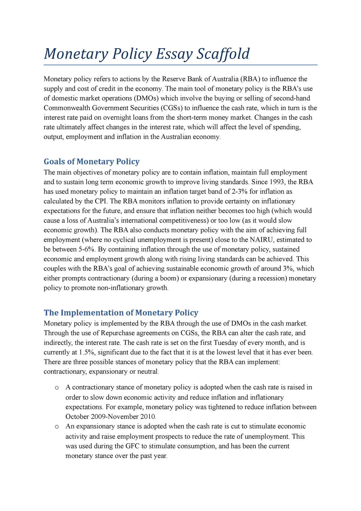 monetary policy essay questions