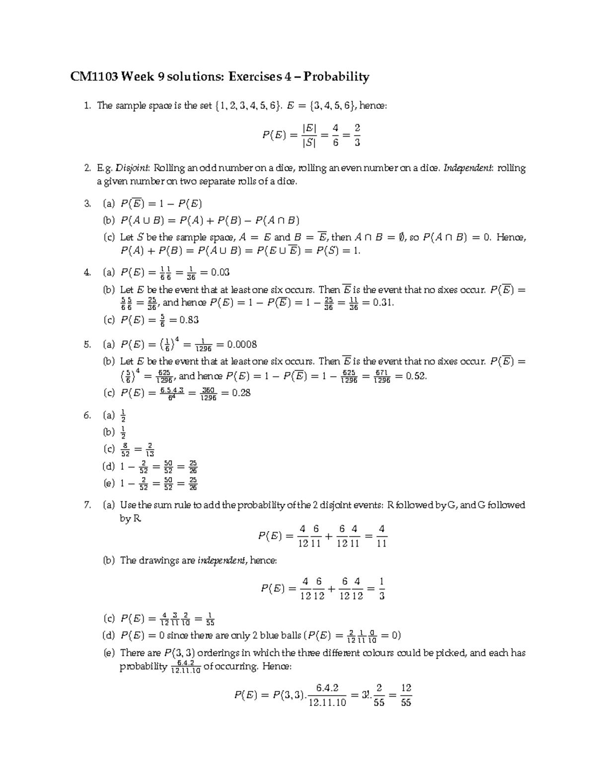 Probability Worksheet Answers - CM1103 Week 9 solutions: Exercises 4 ...