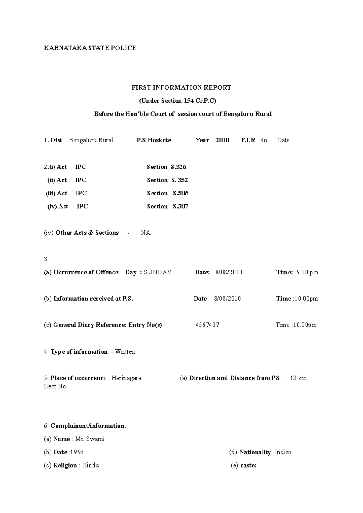 FIR FORMAT FOR ASSUGMENT. IT CONTAINS THE DETAILS AND CONTENTS TO BE ...