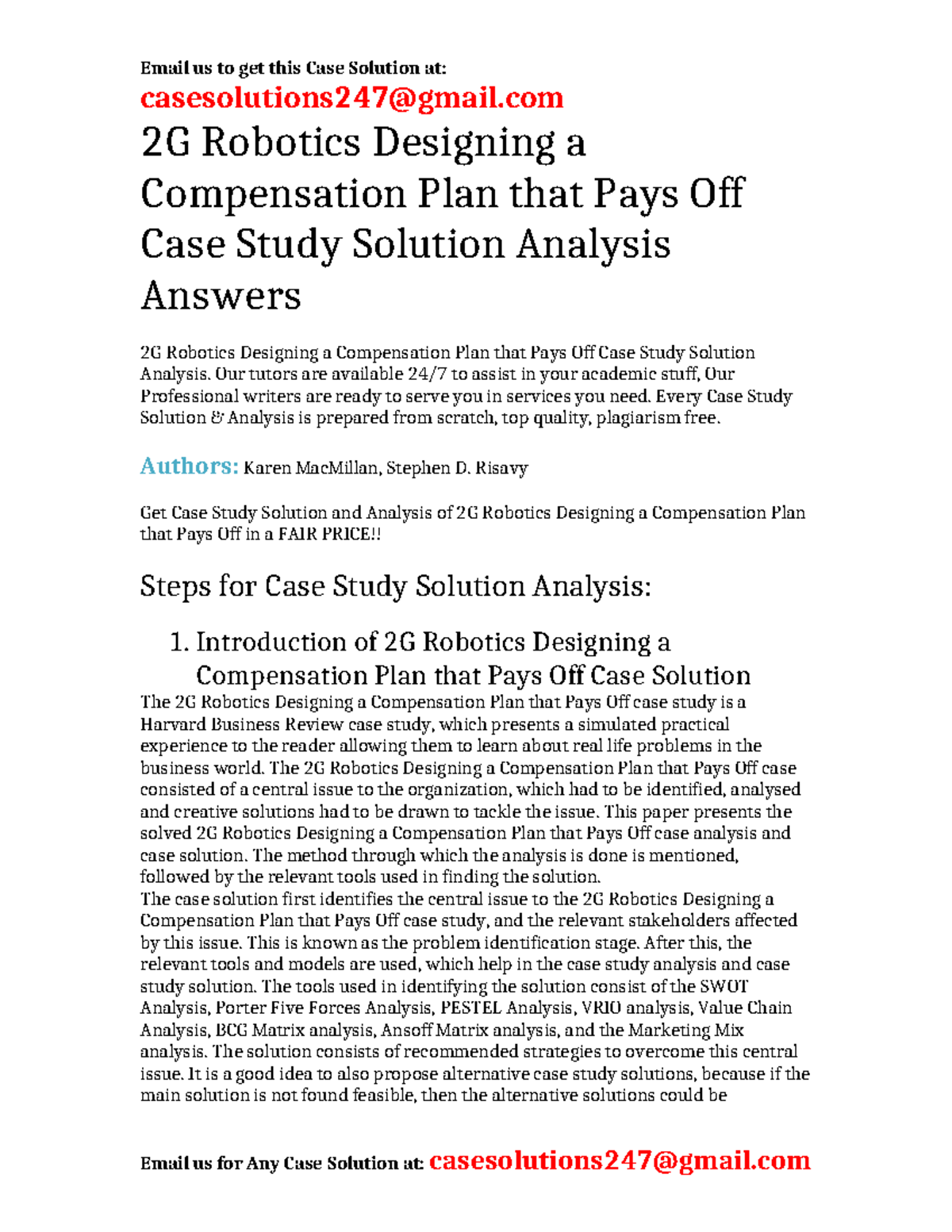 Case Solution 2G Robotics Designing a Compensation Plan that Pays Off ...