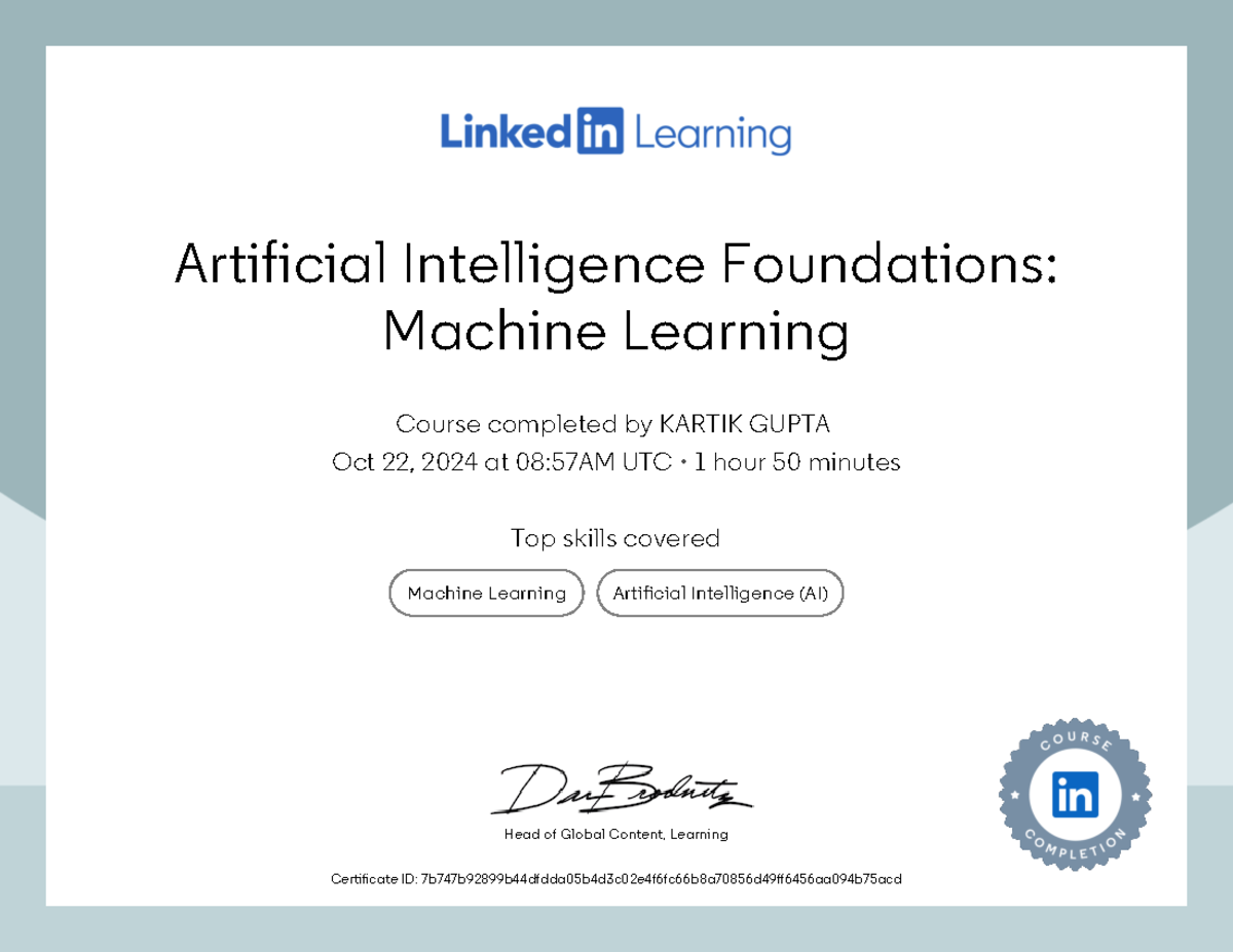 Certificate Of Completion Artificial Intelligence Foundations Machine ...