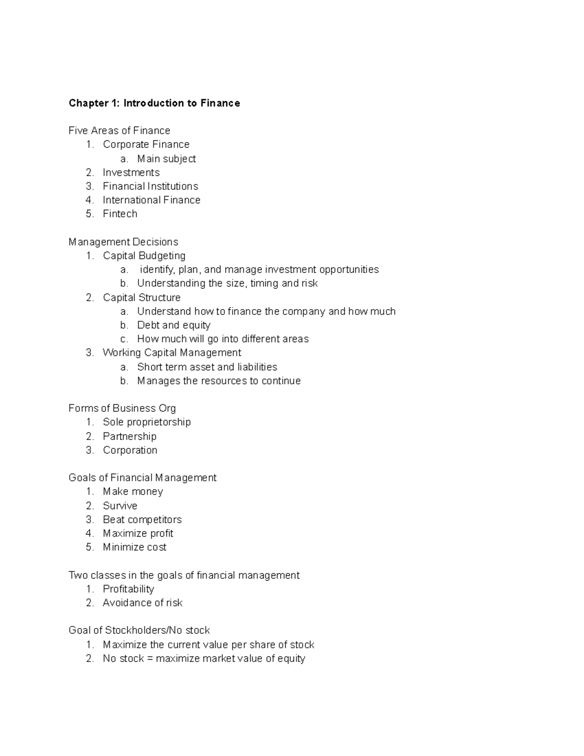 Fin a nci a l M a n a gement Notes - Chapter 1: Introduction to Finance ...