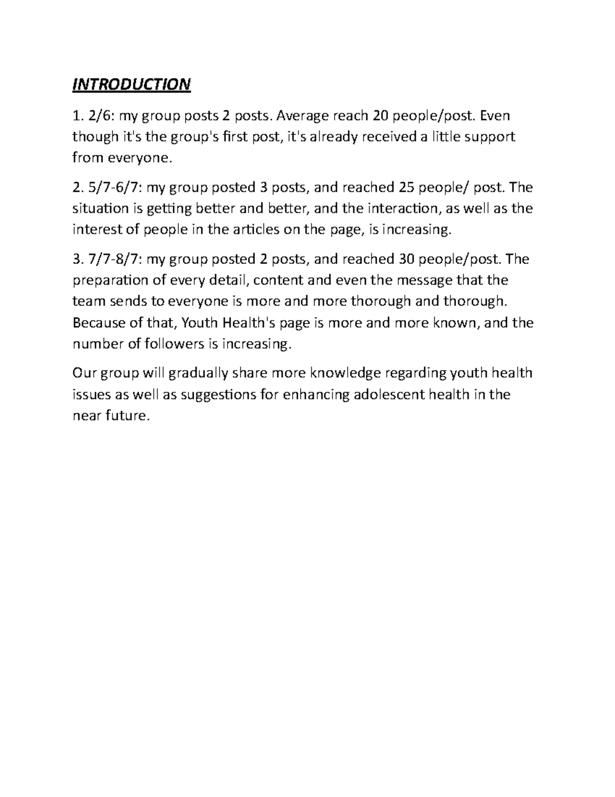 Introduction - good - INTRODUCTION 2/6: my group posts 2 posts. Average ...