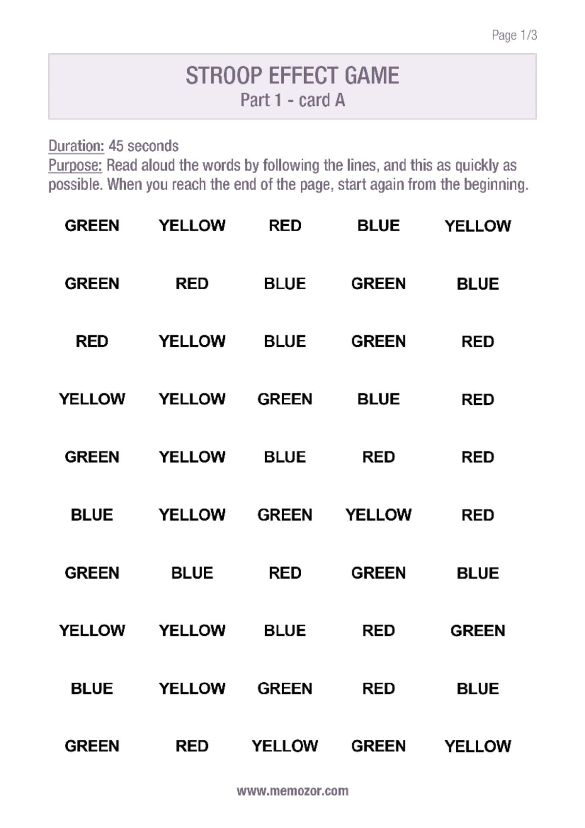 Lab 7-The Stroop Effect Game - Page STROOP EFFECT GAME Part 1 card A ...