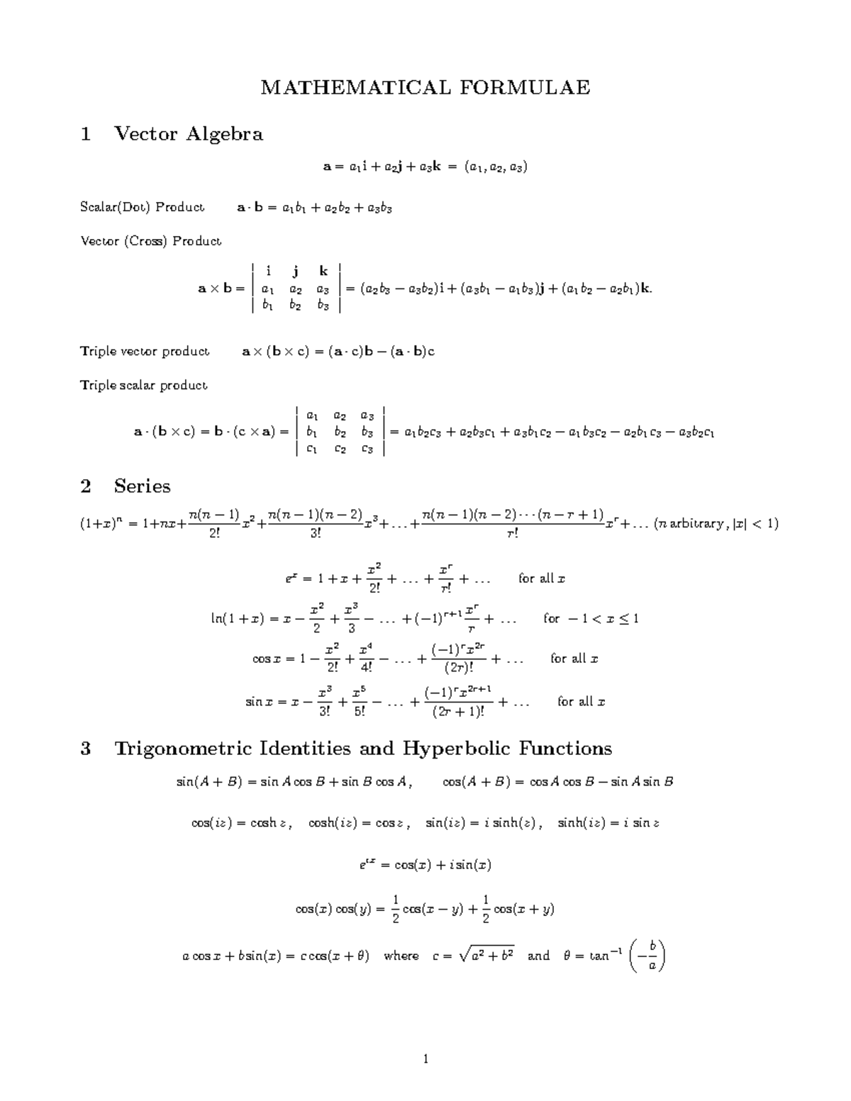 Formula Sheet Final - MATHEMATICAL FORMULAE 1 Vector Algebra a=a 1 i+a ...