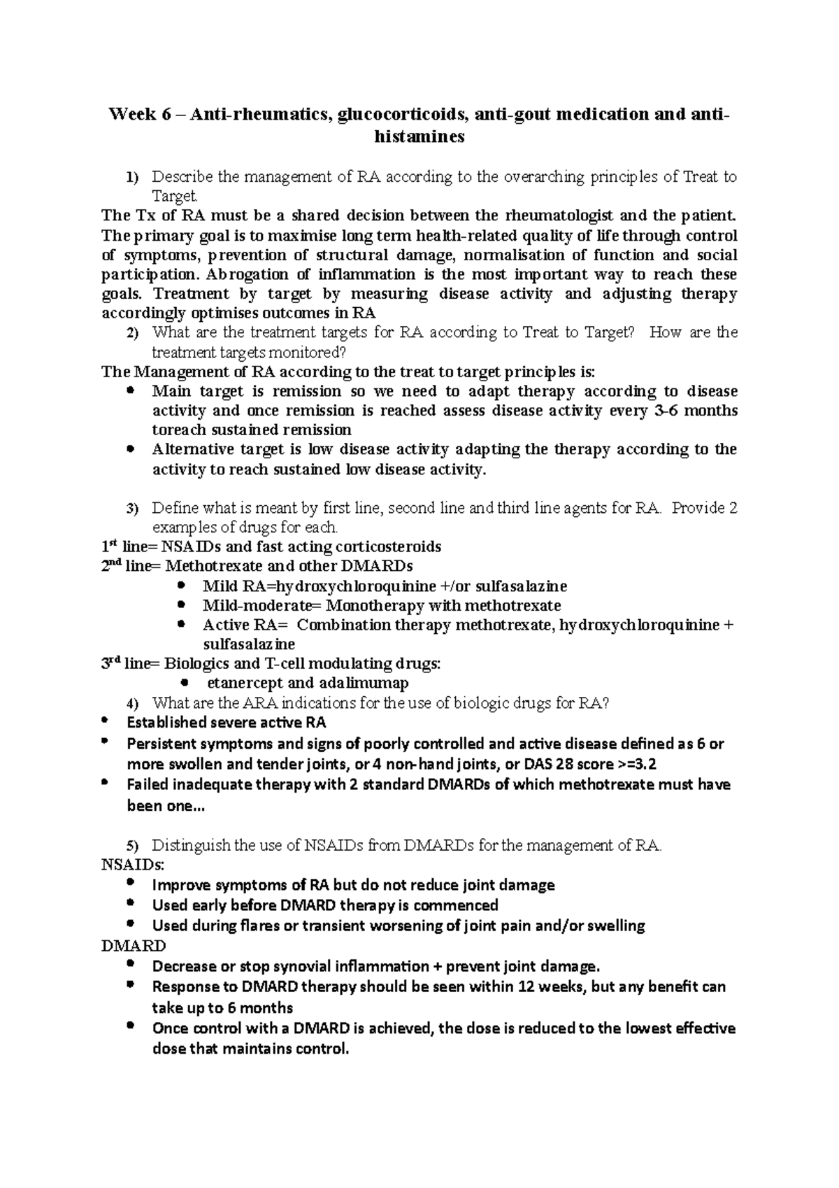 Week 6 - Student Generated Handout - Week 6 – Anti-rheumatics ...