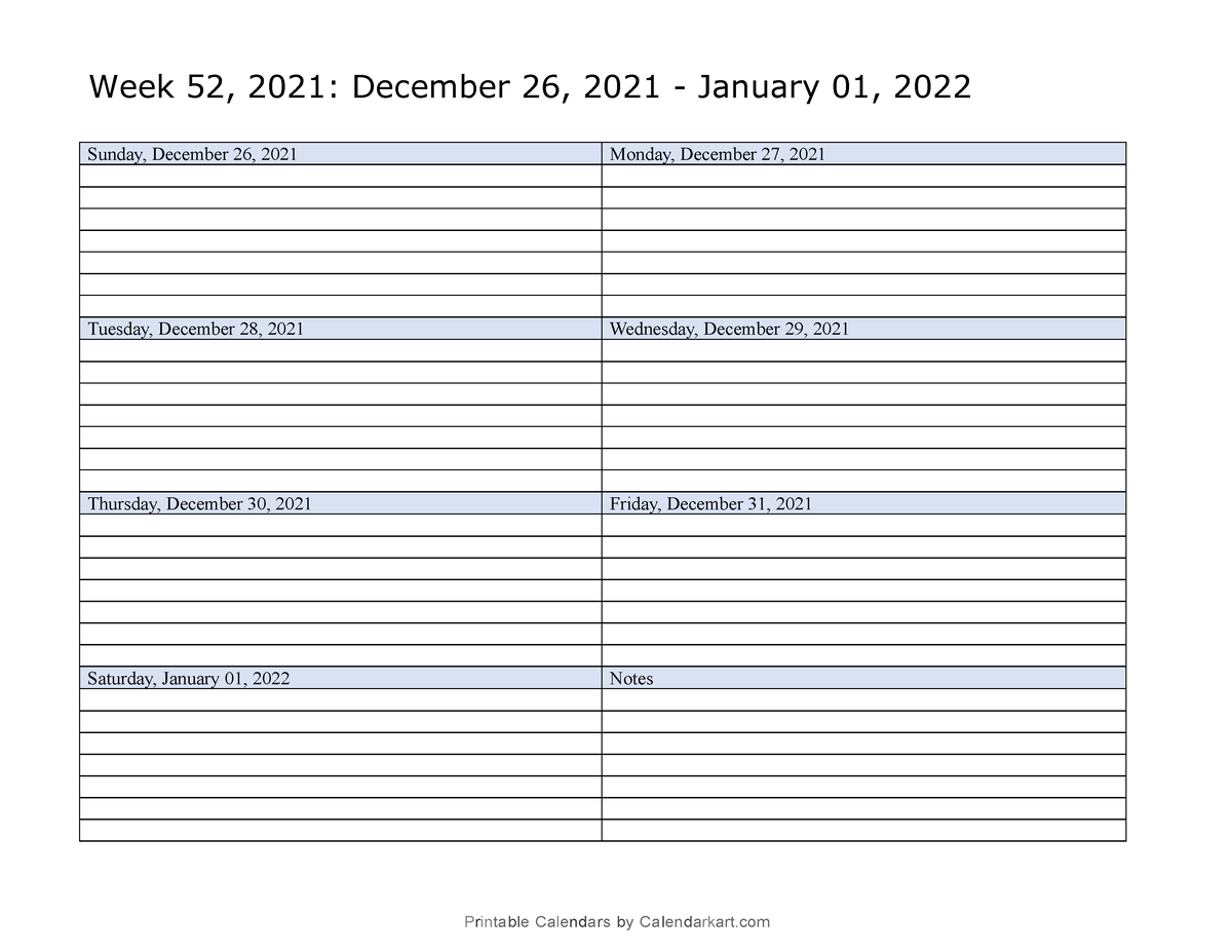 Weekly Calendar 2022 Template - Saturday, January 01, 2022 Notes Week ...