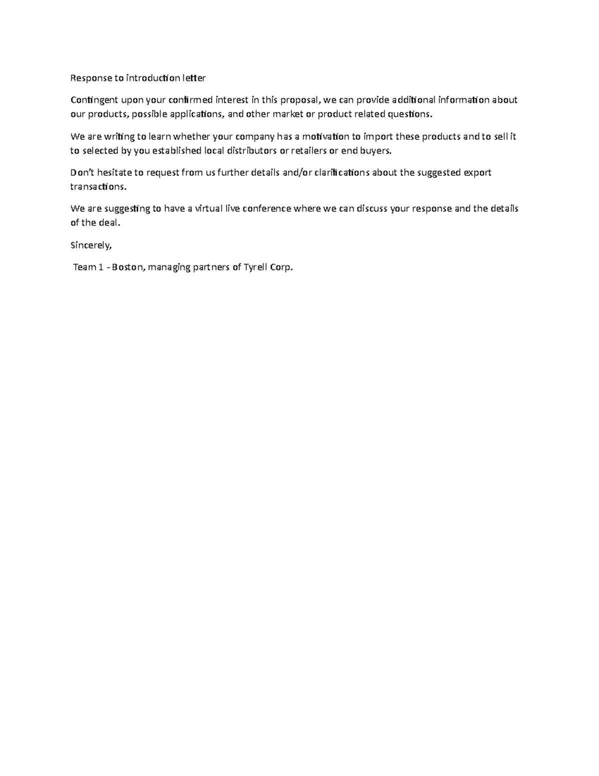 Response To intro letter - Response to introduction letter Contingent ...