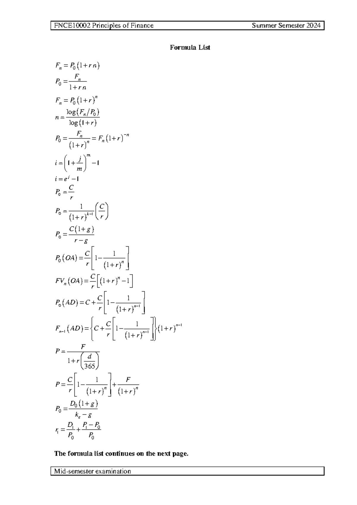 FNCE10002+Summer+2024+Formula+List+mid-semester+exam - FNCE10002 ...