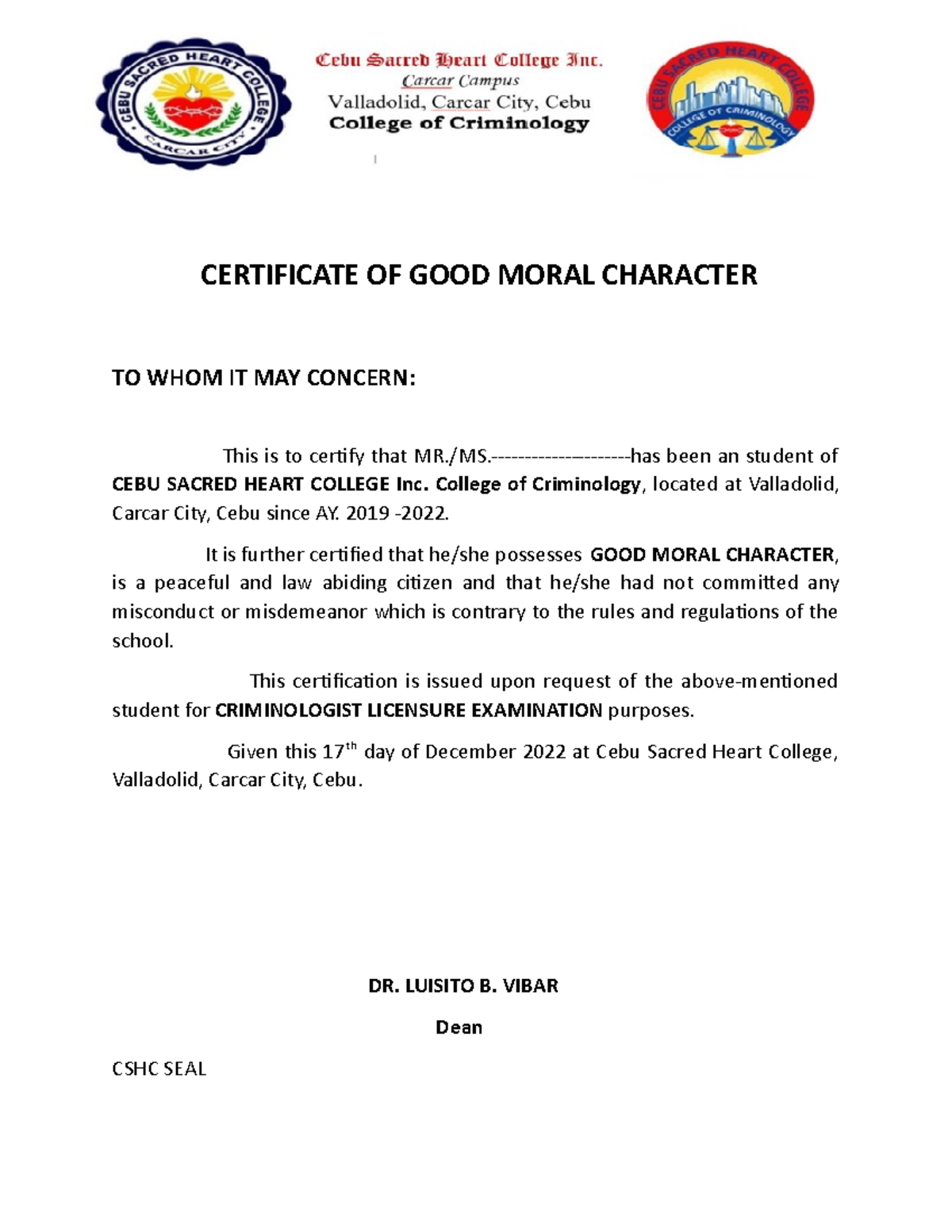 Certificate Of Good Moral Character Sample Pdf