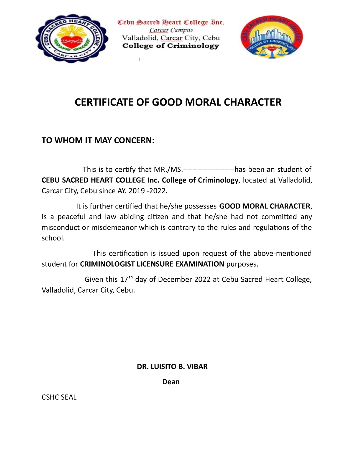 GOOD Moral Character Certification CERTIFICATE OF GOOD MORAL 