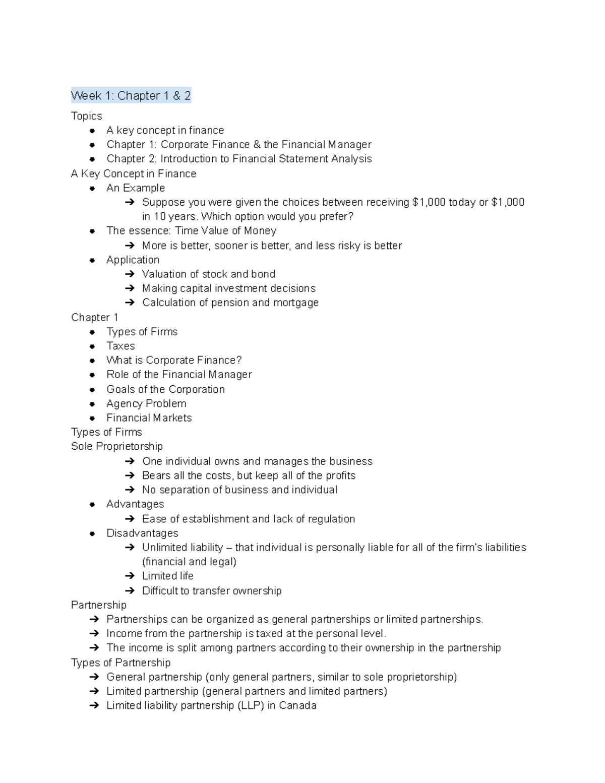 FIN300 Notes (Final Exam) - Week 1: Chapter 1 & 2 Topics A Key Concept ...