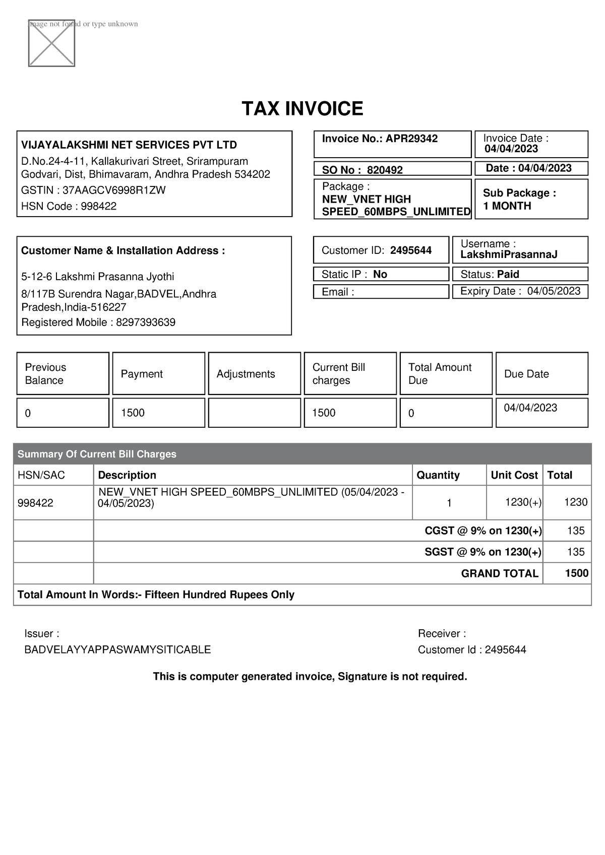 Broadband Bill APR 2023 Invoice Prasu - Image not found or type unknown ...