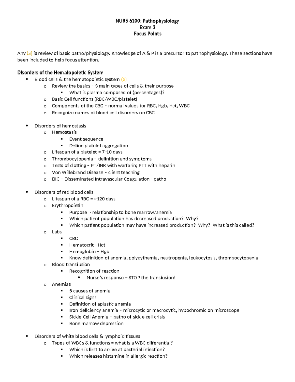 Pathophysiology Exam 3 Focus Points - NURS 6100: Pathophysiology Exam 3 ...