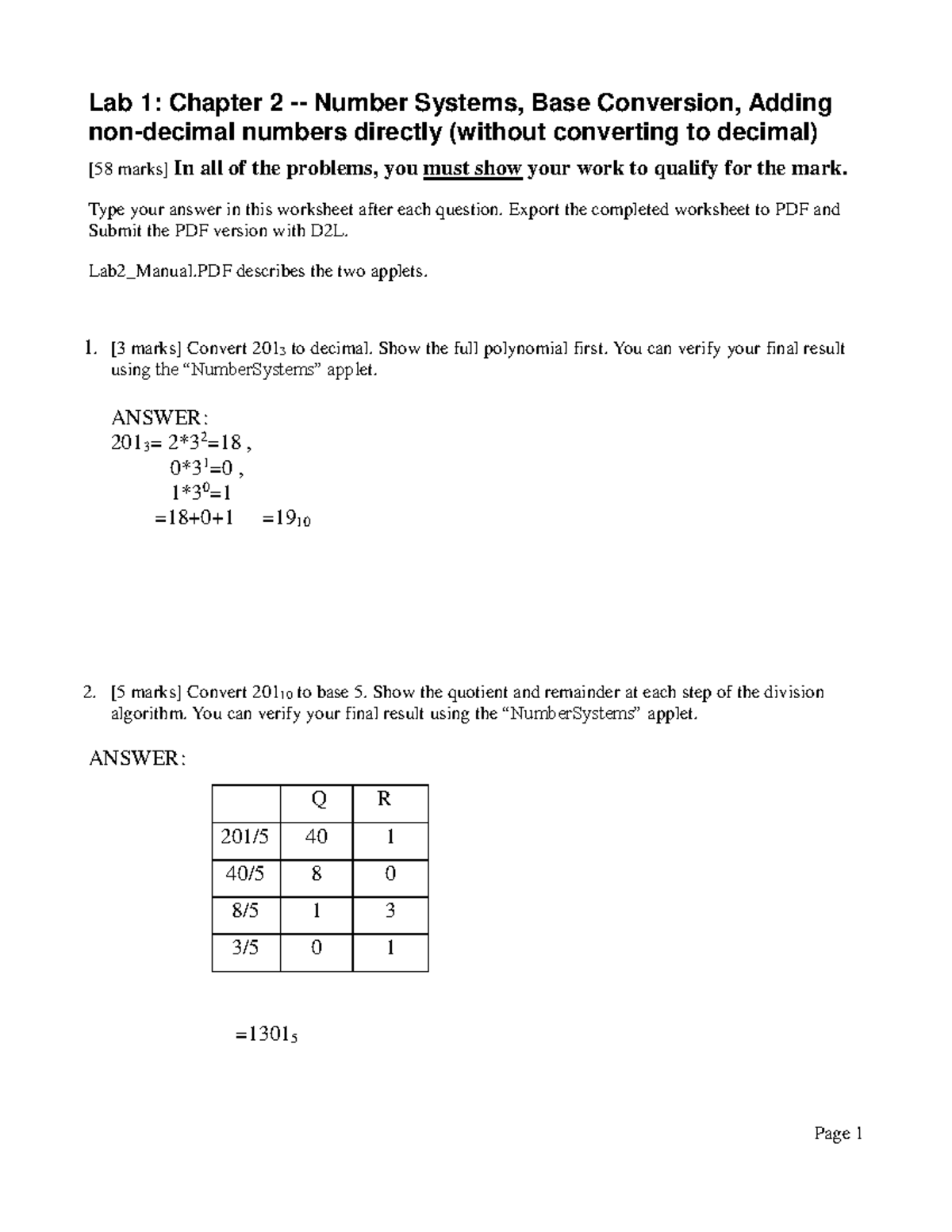 Lab 1 Worksheet Lab 1 Chapter 2 Number Systems Base Conversion