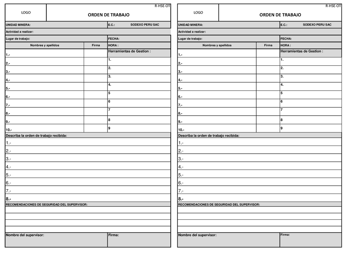 Formato Ordenes De Trabajo Unidad Minera E Unidad Minera E Actividad A Realizar