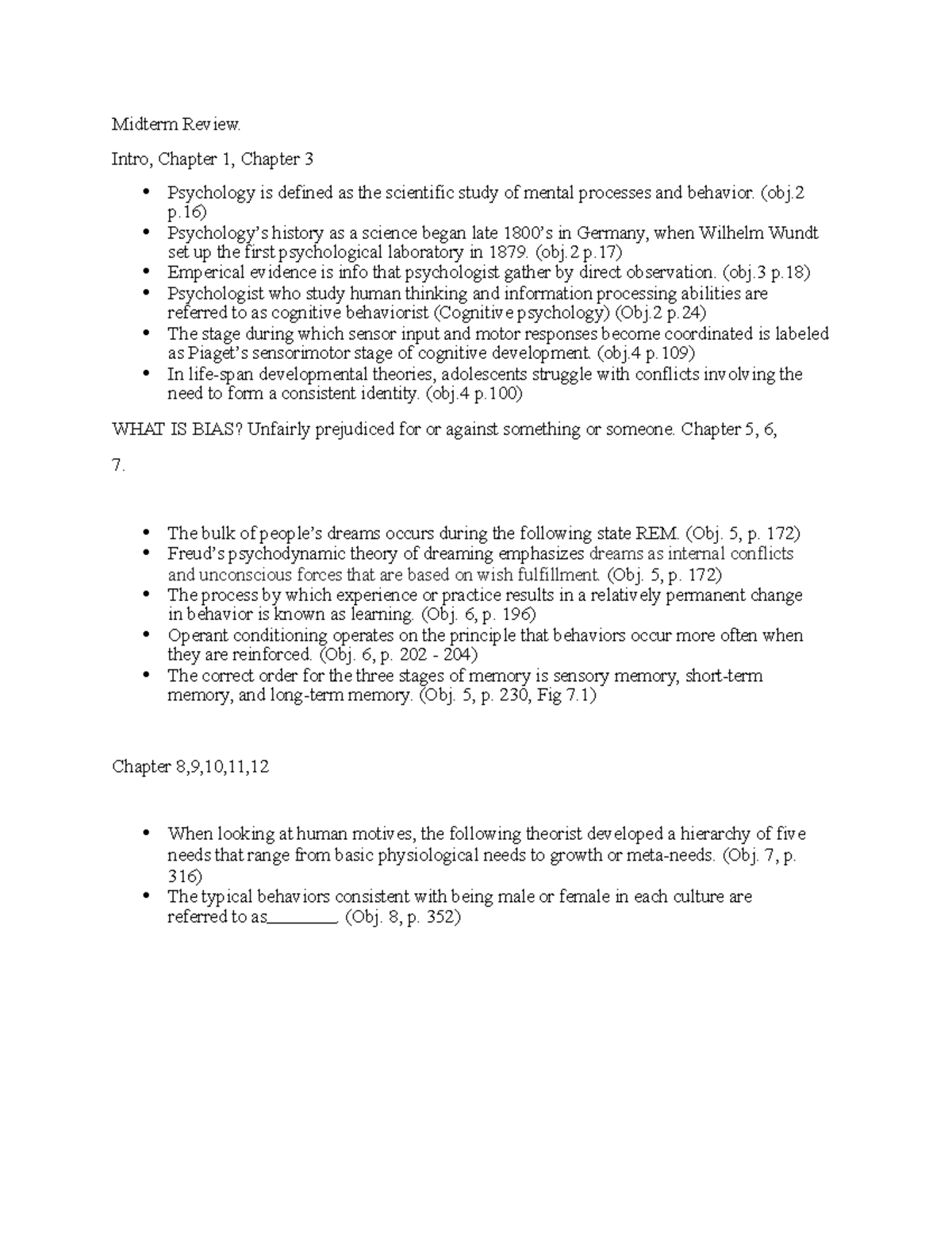 Introduction To Psychology Study Guide - Midterm Review. Intro, Chapter ...