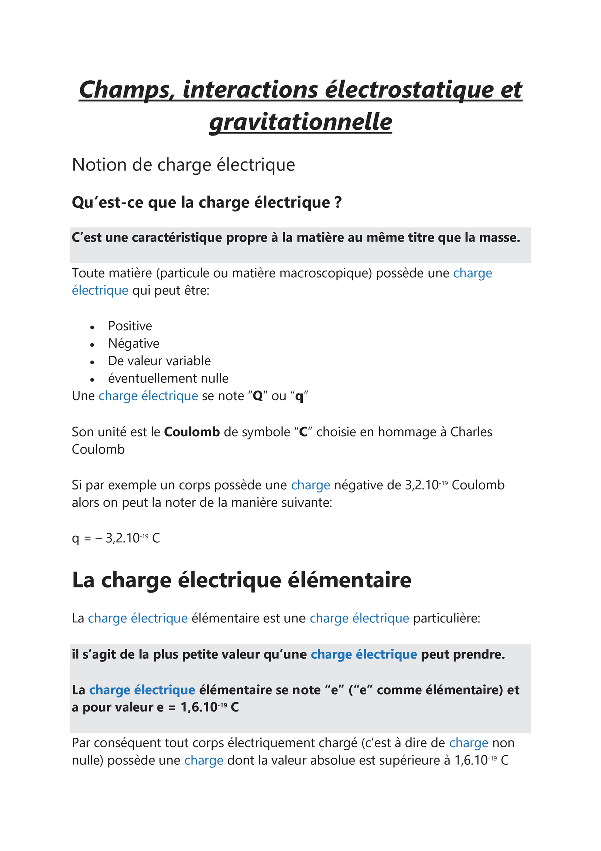 Cours Champs, Interactions électrostatique Et Gravitationelle - Champs ...