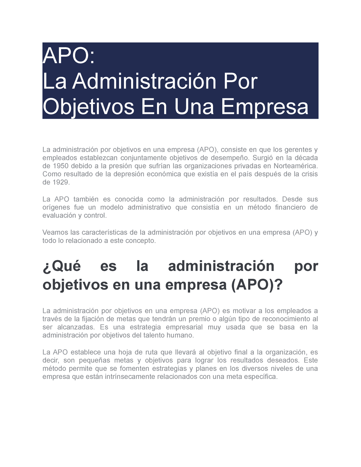 Apo Tarea 3 Apo La Administración Por Objetivos En Una Empresa La