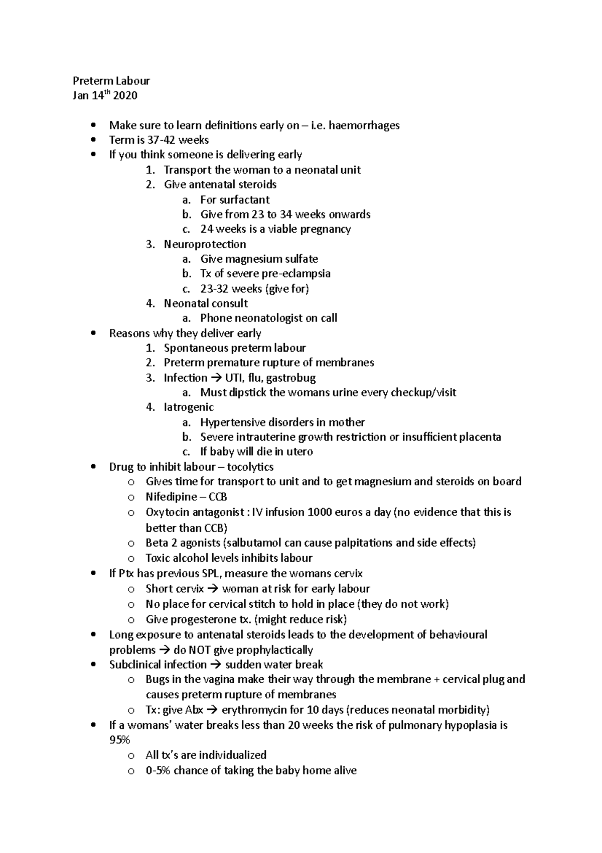 Preterm Labour - Obs/Gynae 4th year medicine notes - Preterm Labour Jan ...