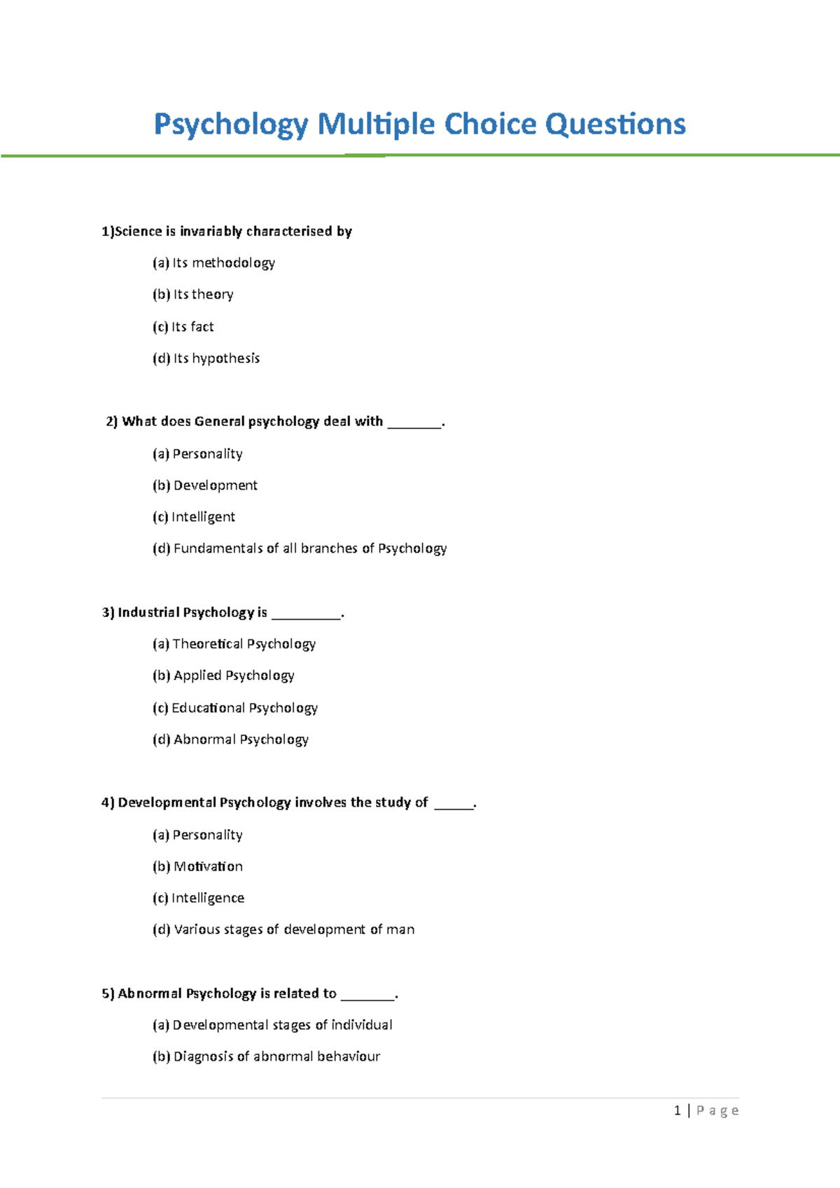 Psychology MCQ - Psychology Multiple Choice Questions 1)Science Is ...