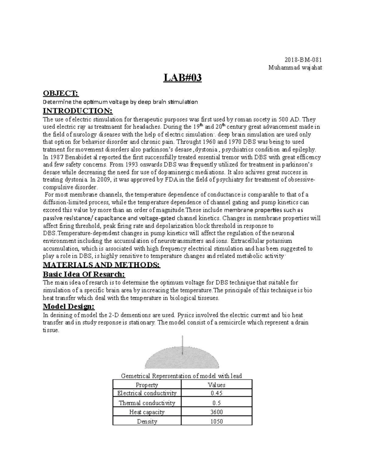 Optimum voltage for DBS - 2018-BM- Muhammad wajahat LAB#0 3 OBJECT ...