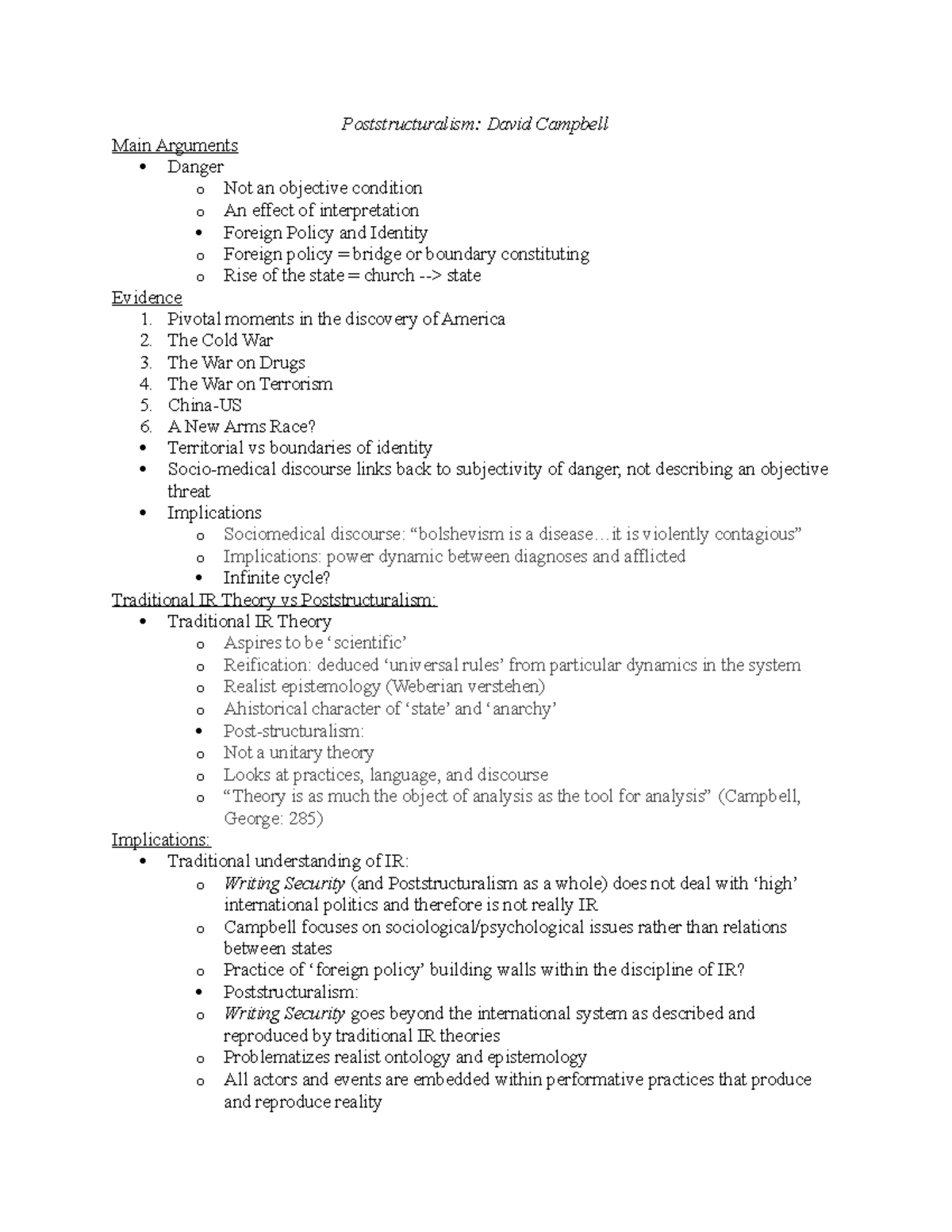 Poststructuralism and Politics of Catastrophe Lecture Notes