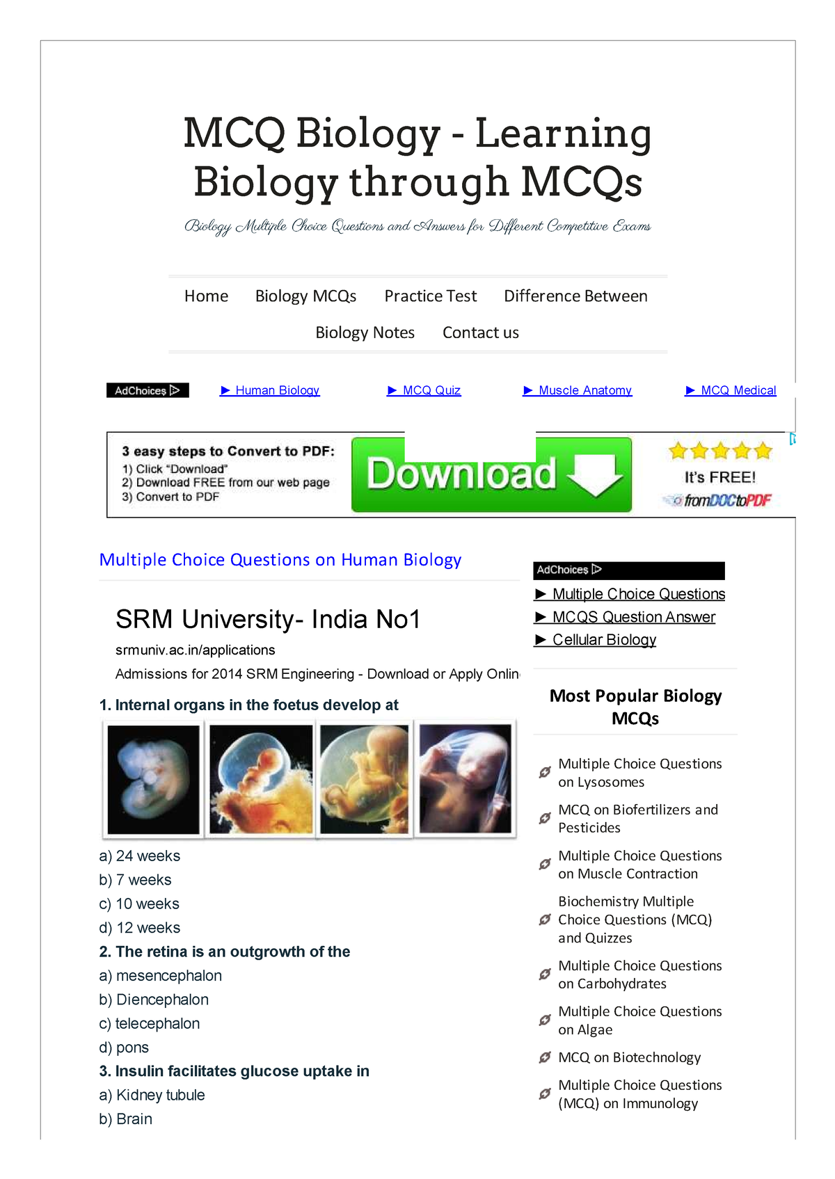 Multiple Choice Questions On Human Biology - Biology Multiple Choice ...