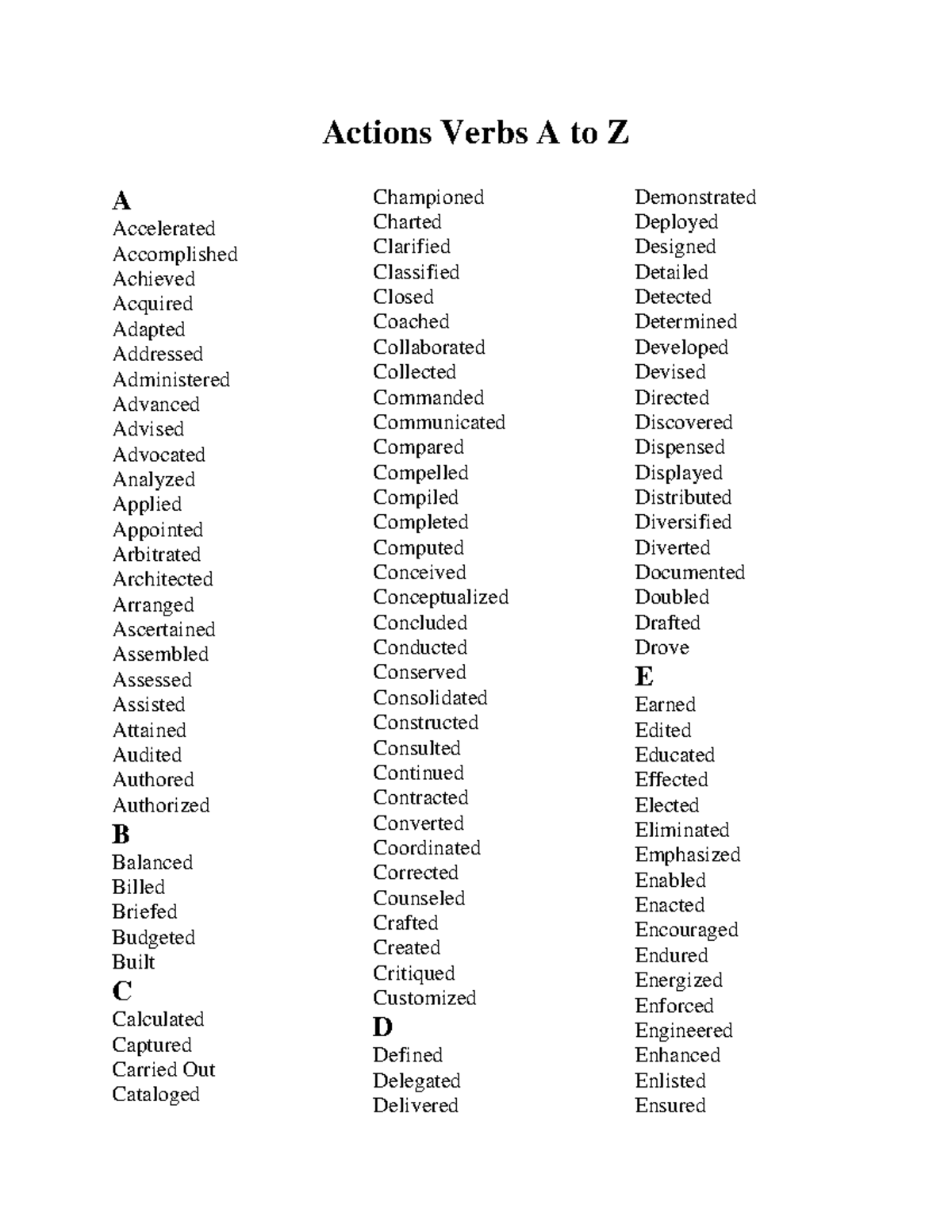 Actions verbs a to z - Krkbskzks - Actions Verbs A to Z A Accelerated ...