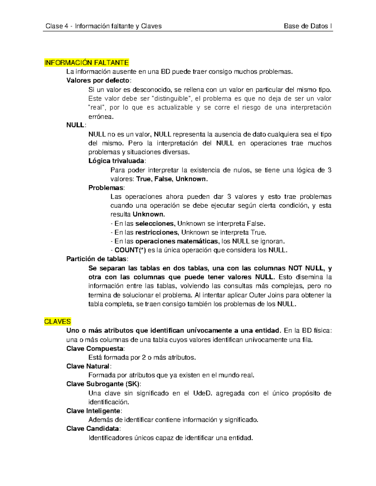 BD3 - Apuntes De La Asignatura BD. - Clase 4 - Información Faltante Y ...