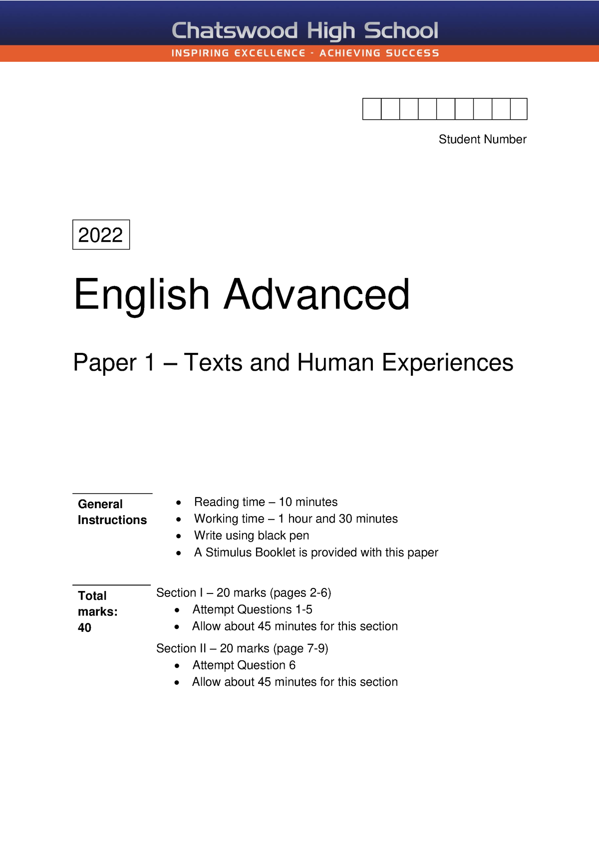 Chatswood HS English Advanced Paper 1 2022 - Student Number 2022 ...