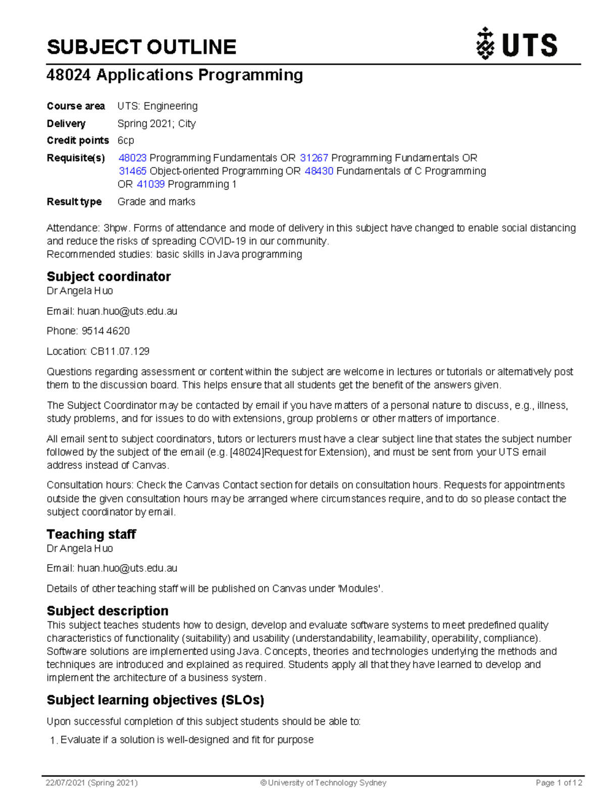 subject outline applications programming - 048024 - Studocu