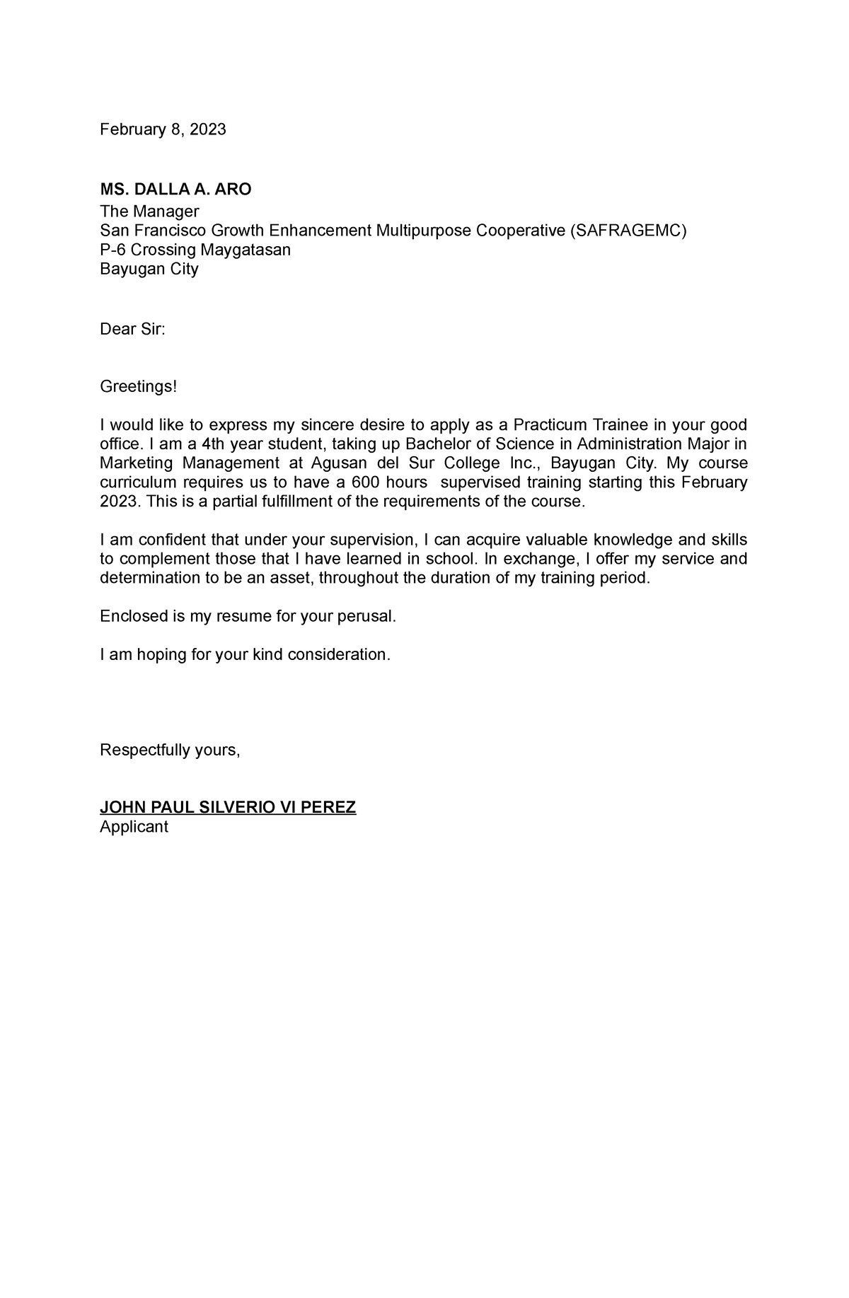 Sample letter - MS. DALLA A. ARO The Manager San Francisco Growth ...