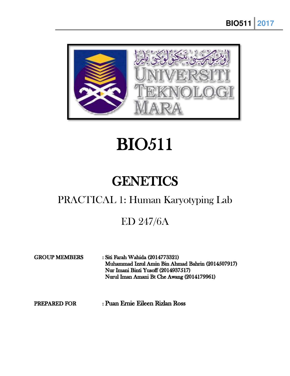 Lab Report Genetics - BIO GENETICS PRACTICAL 1: Human Karyotyping Lab ...