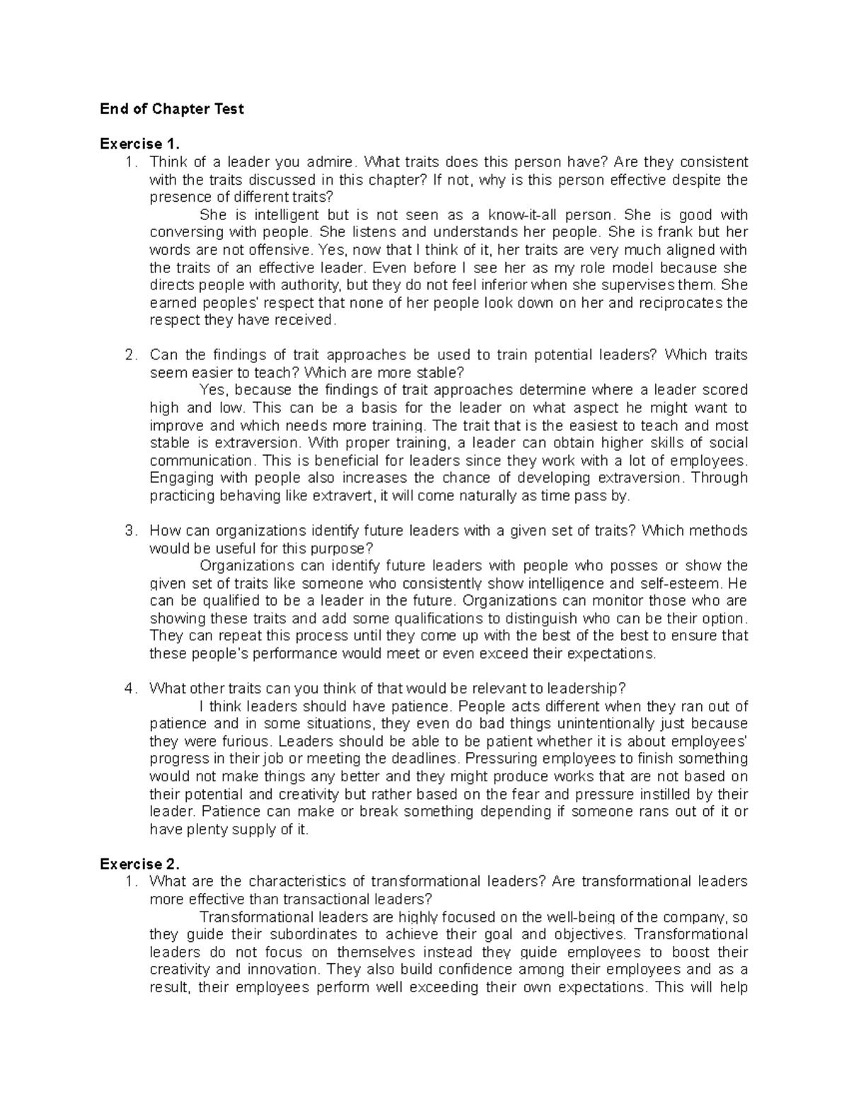 Chapter 7 End of Chapter Test Answer End of Chapter Test Exercise 1