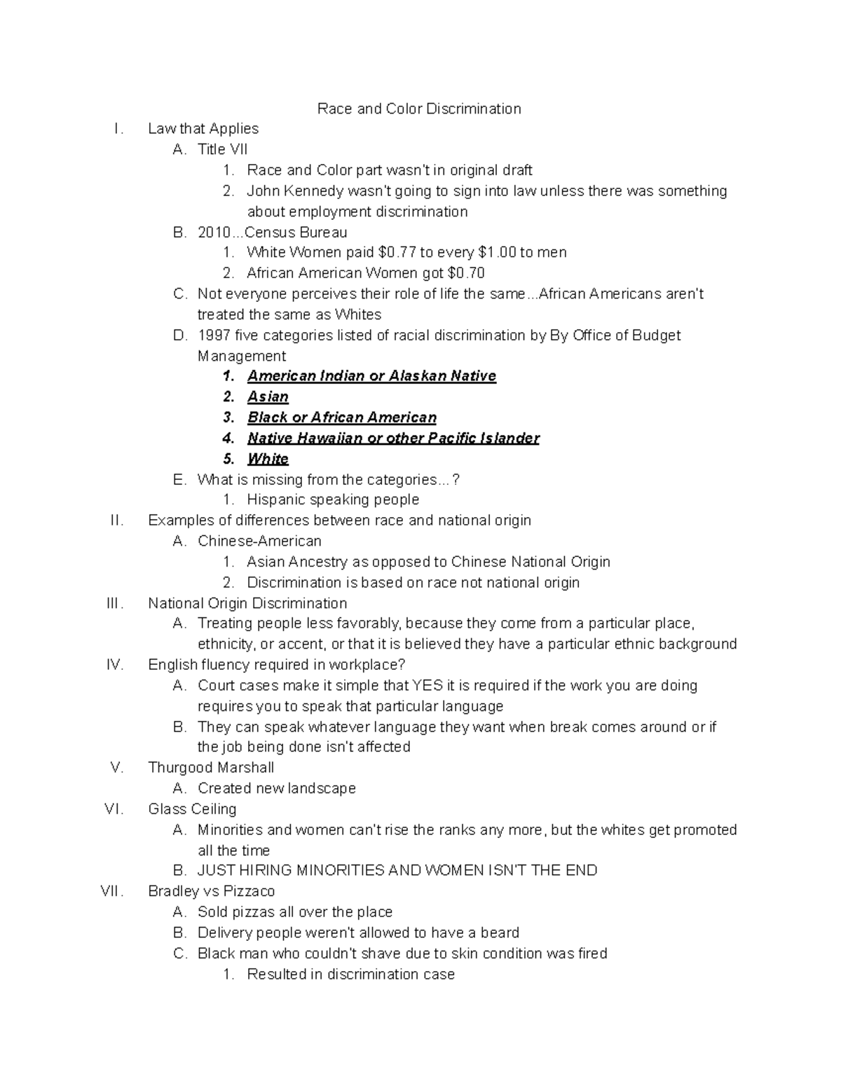 Chapter 6 outline - Google Docs - Race and Color Discrimination I. Law ...