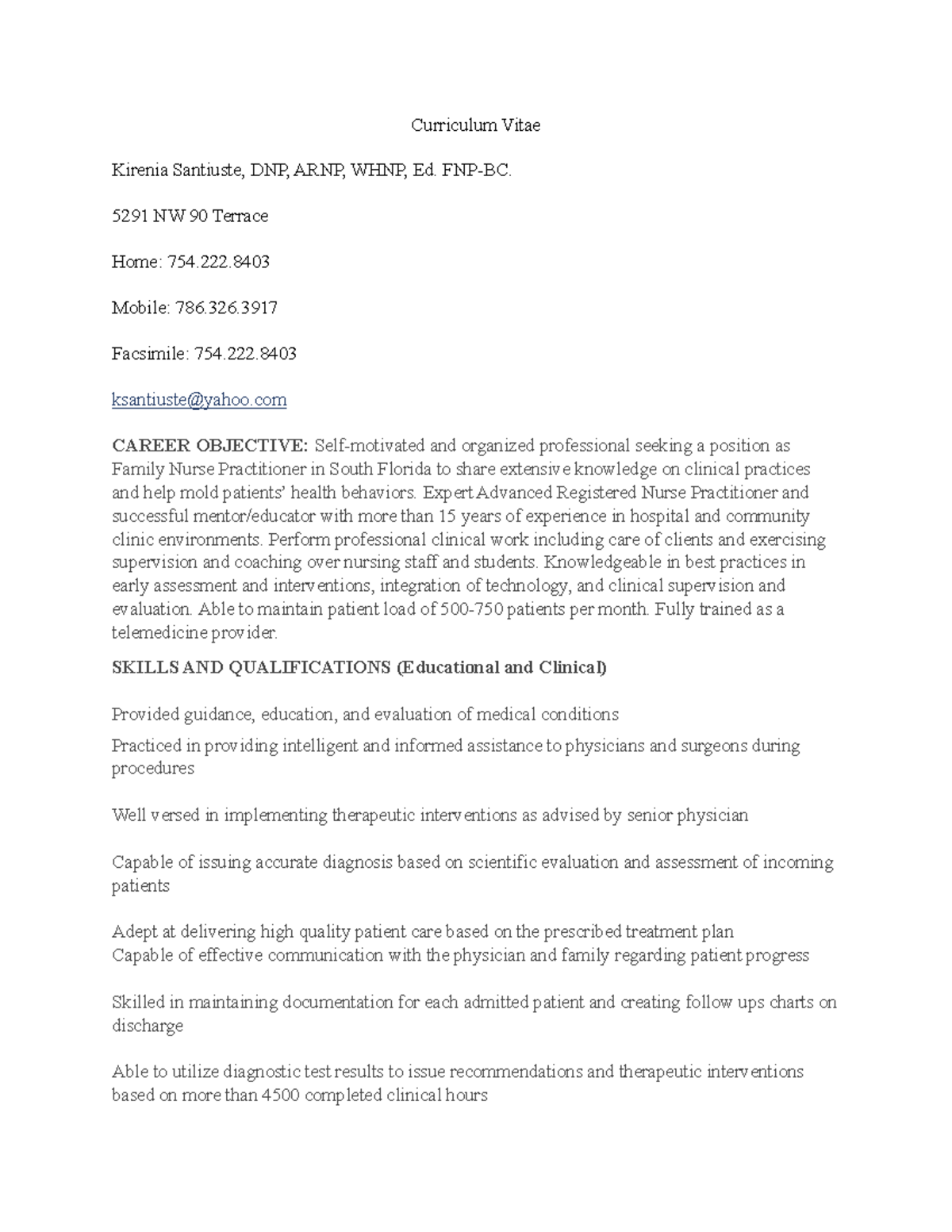 Curriculum Vitae FNP - Kirenia Santiuste, DNP, ARNP, WHNP, Ed. FNP-BC ...