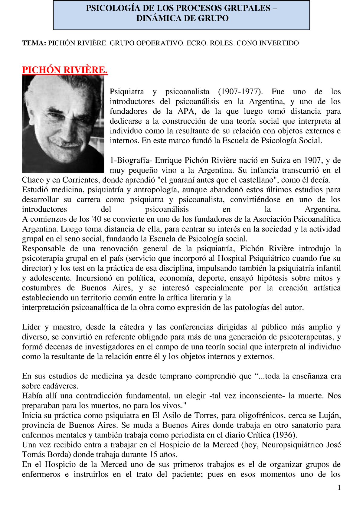 3- Pichón Rivière. Teoría DE Grupos Operativos- CONO . -  TEMA: PICHÓN RIVIÈRE. GRUPO - Studocu