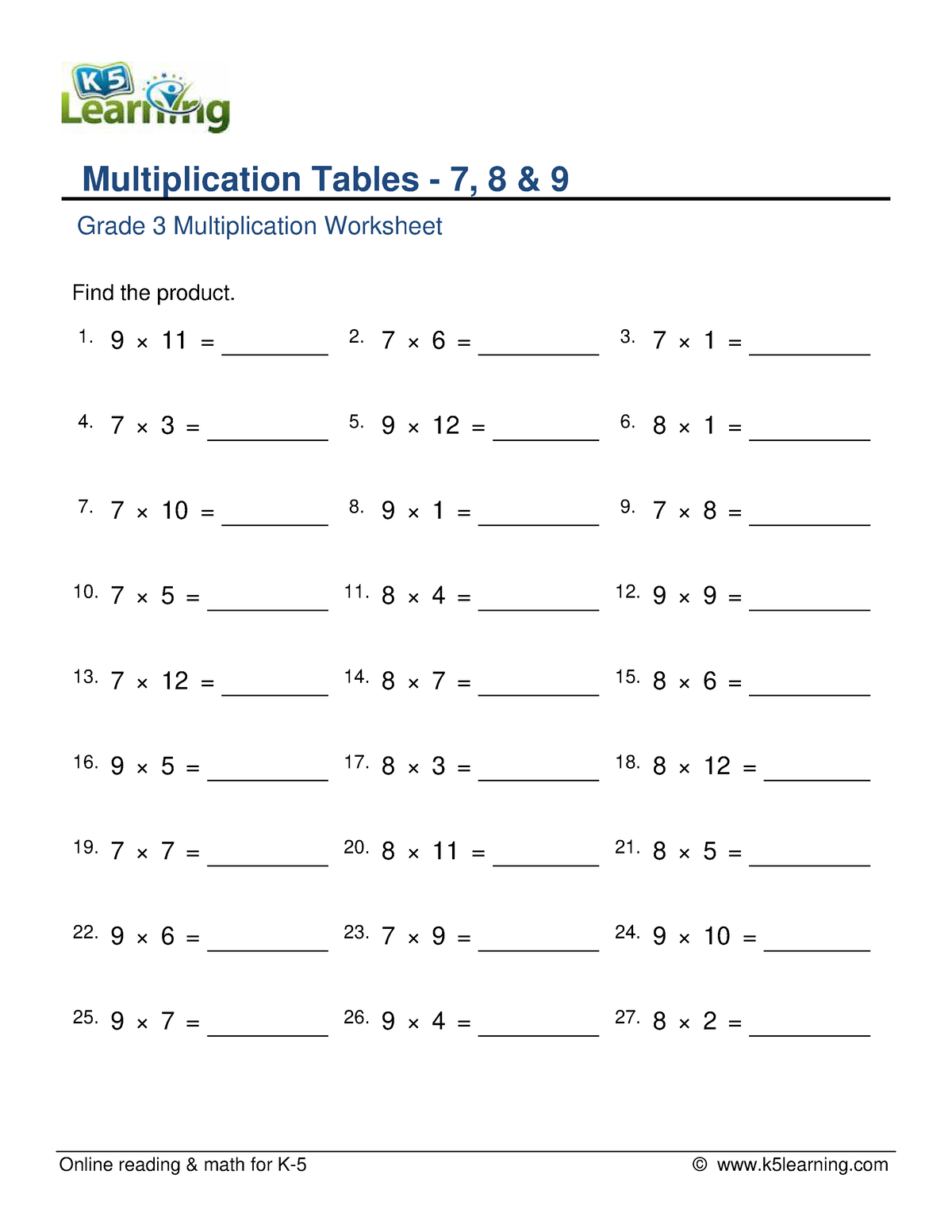 Multiplication Table 7 8 9 B - Online Reading & Math For K-5 