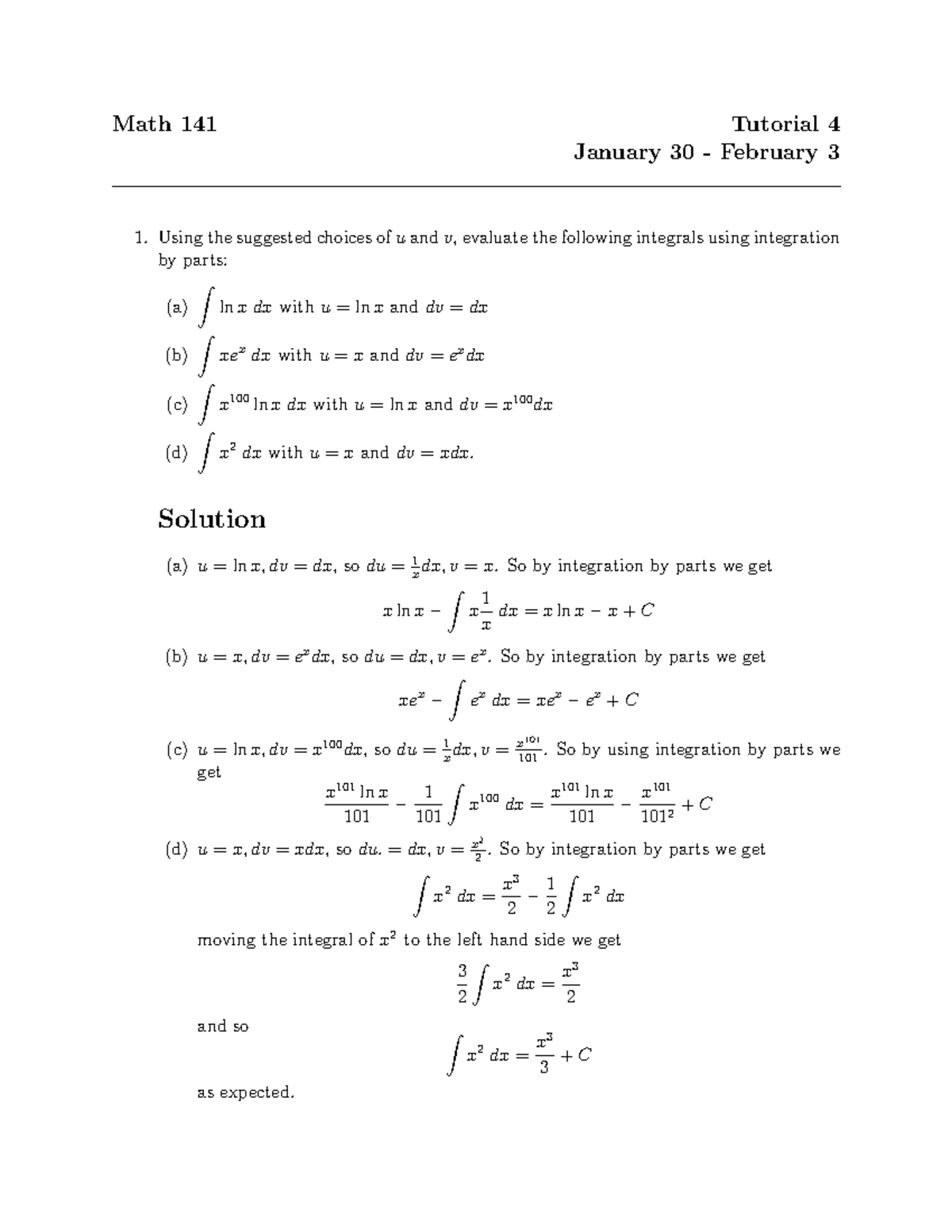 Math 141 Tutorial 4 Solutions - Math 141 Tutorial 4 January 30 ...