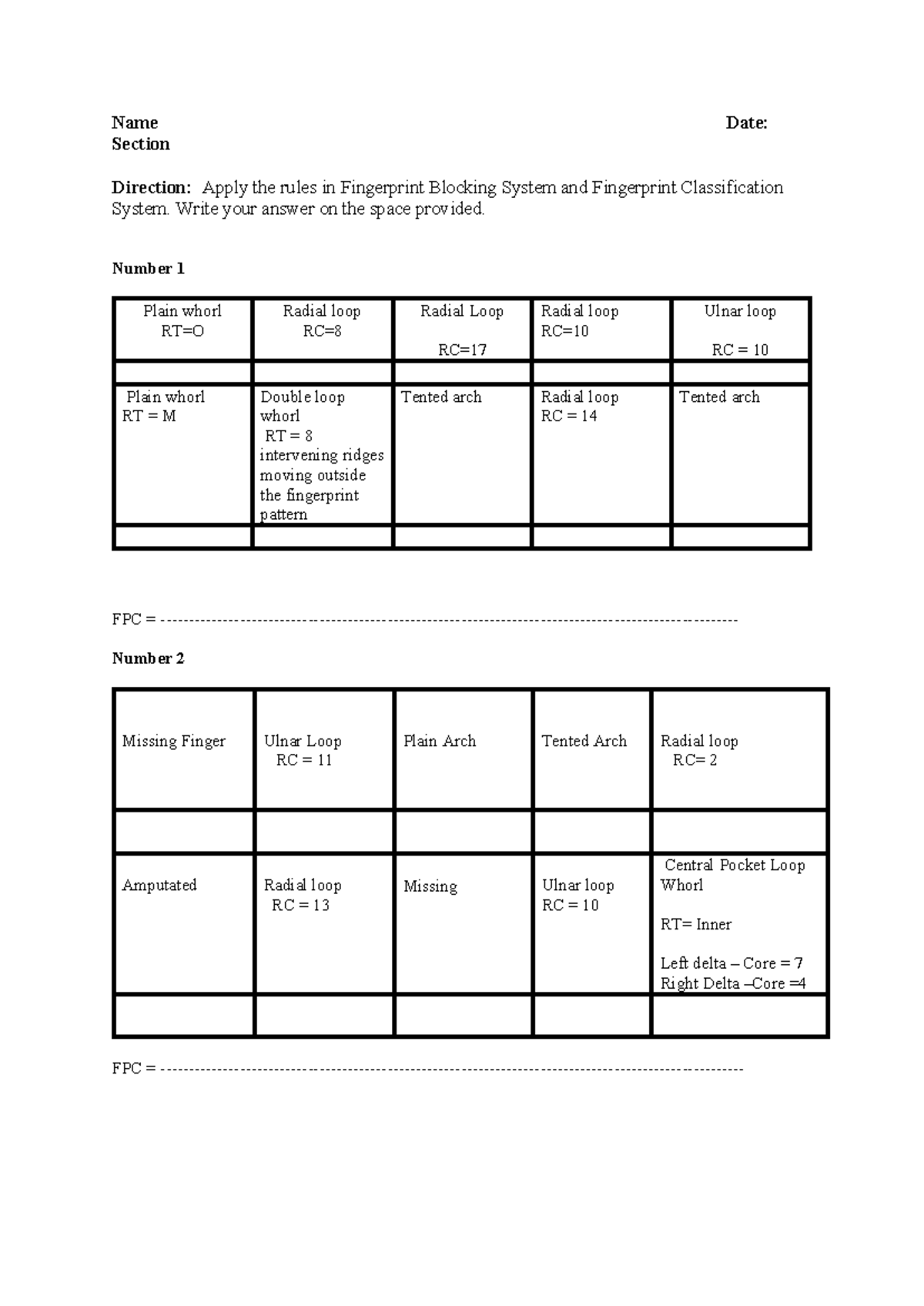 Fingerprint- Classification - Name Date: Section Direction: Apply the ...