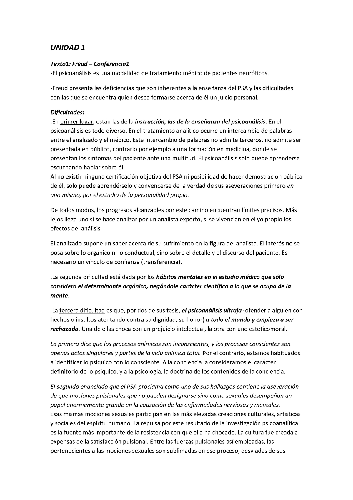 Resumen Psa1 - Textos Varios - UNIDAD 1 Texto1: Freud – Conferencia -El ...